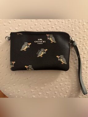 COACH Black Leather Wristlet with Party Owl Martini Print